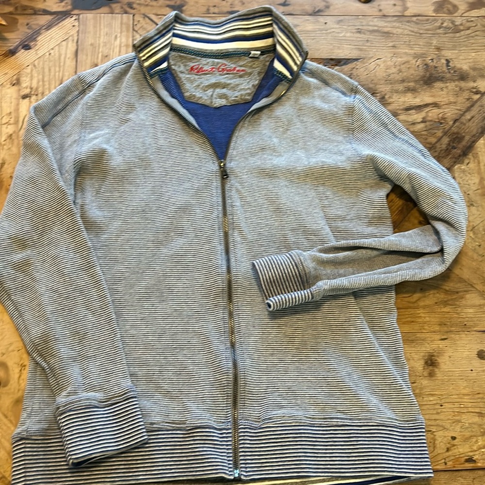Men’s large Robert Graham zip sweater. Blue grey and white stripes